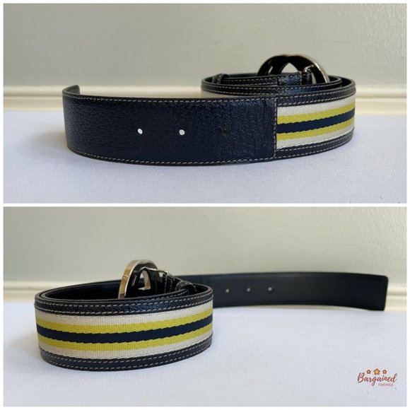 Authentic GUCCI Web Canvas Leather Gold Interlocking G Buckle Belt 85/34 - Picture 10 of 13